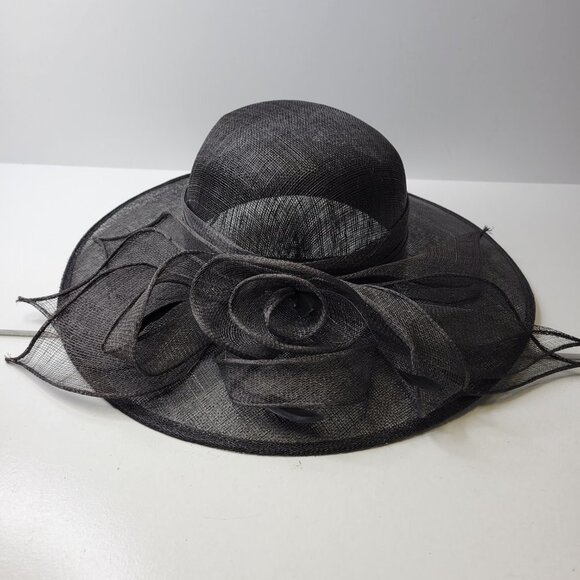 Large Wide Brim Black Sinamay Kentucky Derby Church Wedding Adjustable Hat- NEW - Picture 7 of 16